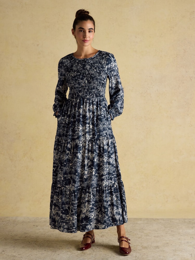 Joules Edna Navy Shirred Midi Dress - Image 1 of 9