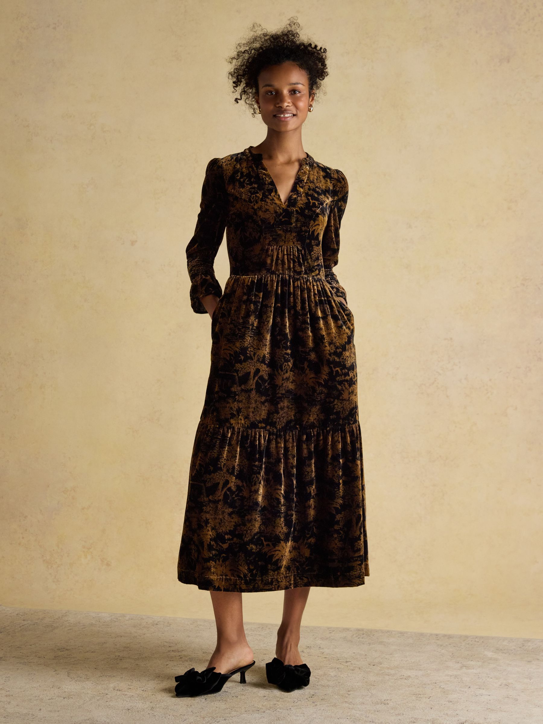 Buy Joules Rosalind Black Toile Velvet V-Neck Dress from the Next