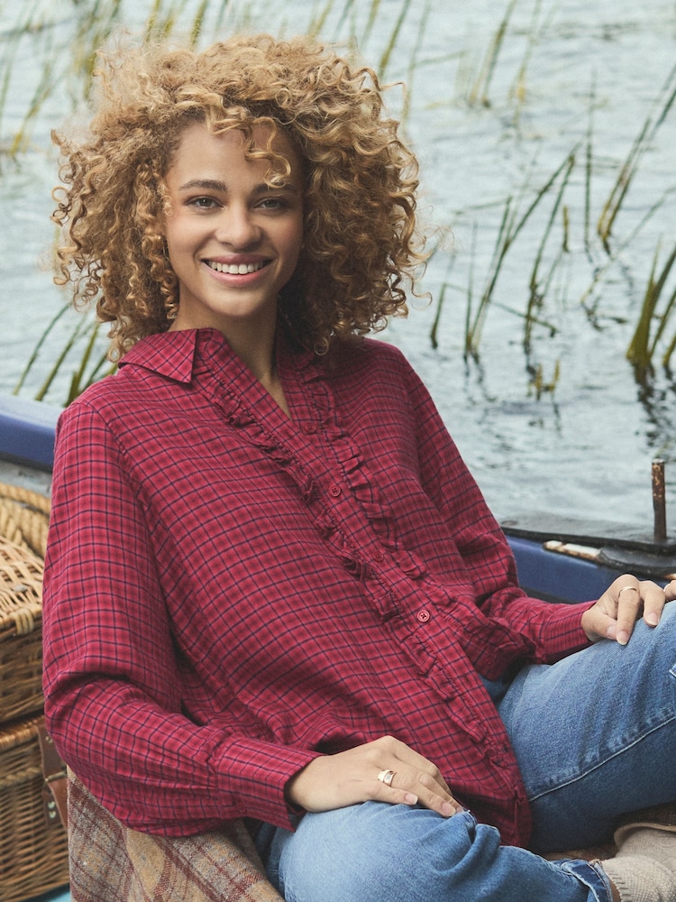 Joules Selene Navy Brushed Ruffle Shirt - Image 1 of 3 Joules Selene Navy Brushed Ruffle Shirt - Image 1 of 3