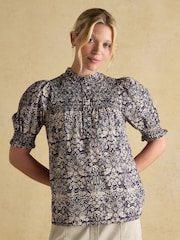 Azul - Joules Silvia Frill Neck Smocked Blouse - Imagem 1 de 7