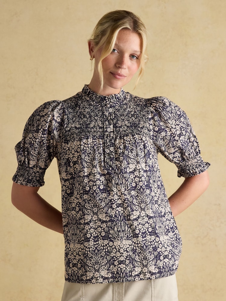 Azul - Joules Silvia Frill Neck Smocked Blouse - Imagem 1 de 7