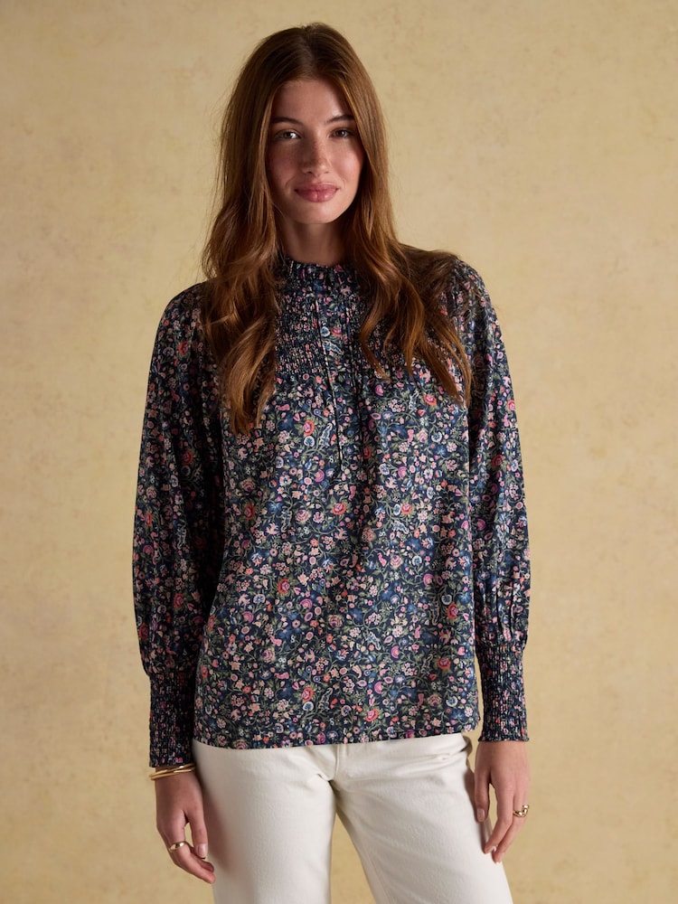 Joules Silvia Multi Long Sleeved Frill Neck Smocked Blouse - Image 1 of 8 Joules Silvia Multi Long Sleeved Frill Neck Smocked Blouse - Image 1 of 8