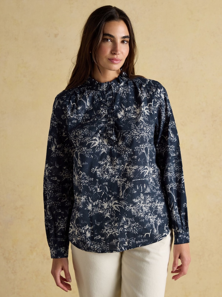 Melanie Navy/White Ruffle Blouse - Image 1 of 8 Melanie Navy/White Ruffle Blouse - Image 1 of 8