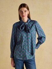 Joules Tabby Blue/Green Tie Neck Long Sleeve Blouse with Button Fastening - Image 1 of 8