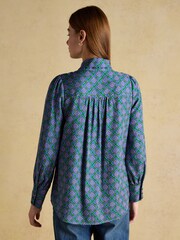 Joules Tabby Blue/Green Tie Neck Long Sleeve Blouse with Button Fastening - Image 2 of 8