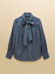Joules Tabby Blue/Green Tie Neck Long Sleeve Blouse with Button Fastening - Image 8 of 8