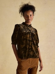 Black Toile - Joules Silvia Smocked Velvet Short Sleeve Blouse - Slika 1 iz 8