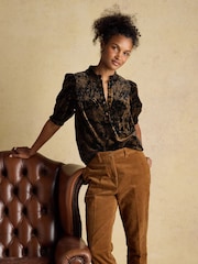 Black Toile - Joules Silvia Smocked Velvet Short Sleeve Blouse - Slika 3 iz 8