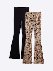 River Island Leopard/Black 2 Pack Rib Flare Leggings - Image 1 of 6