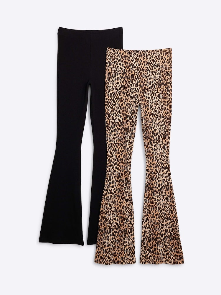 River Island Leopard/Black 2 Pack Rib Flare Leggings - Image 1 of 6