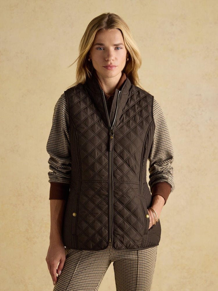 Minx Brown Showerproof Diamond Quilted Gilet with Adjustable Waist - Image 1 of 11