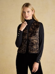 Joules Venetia Black/Gold Tie Front Quilted Velvet Gilet - Image 1 of 8