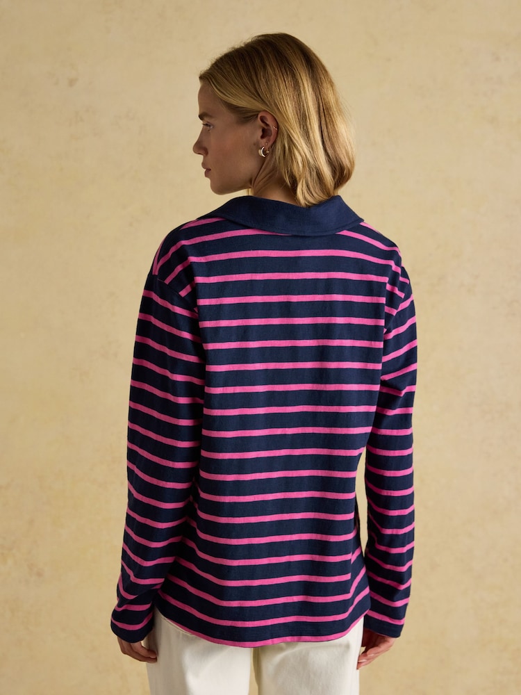 Joules Tallie Navy/Pink Combed Cotton Slub Collared Top - Image 2 of 7 Joules Tallie Navy/Pink Combed Cotton Slub Collared Top - Image 2 of 7