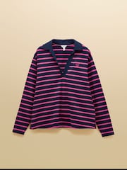 Joules Tallie Navy/Pink Combed Cotton Slub Collared Top - Image 7 of 7
