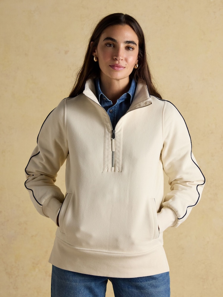 Joules Bronte Cream Funnel Neck Quarter Zip Cotton Sweatshirt - Image 1 of 8 Joules Bronte Cream Funnel Neck Quarter Zip Cotton Sweatshirt - Image 1 of 8