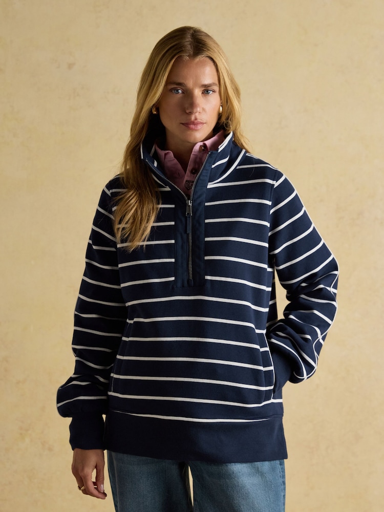 Joules Bronte Navy Stripe Funnel Neck Quarter Zip Cotton Sweatshirt - Image 1 of 12 Joules Bronte Navy Stripe Funnel Neck Quarter Zip Cotton Sweatshirt - Image 1 of 12