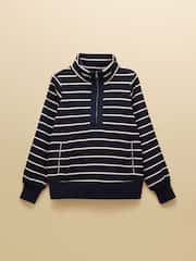 Joules Bronte Navy Stripe Funnel Neck Quarter Zip Cotton Sweatshirt - Image 12 of 12