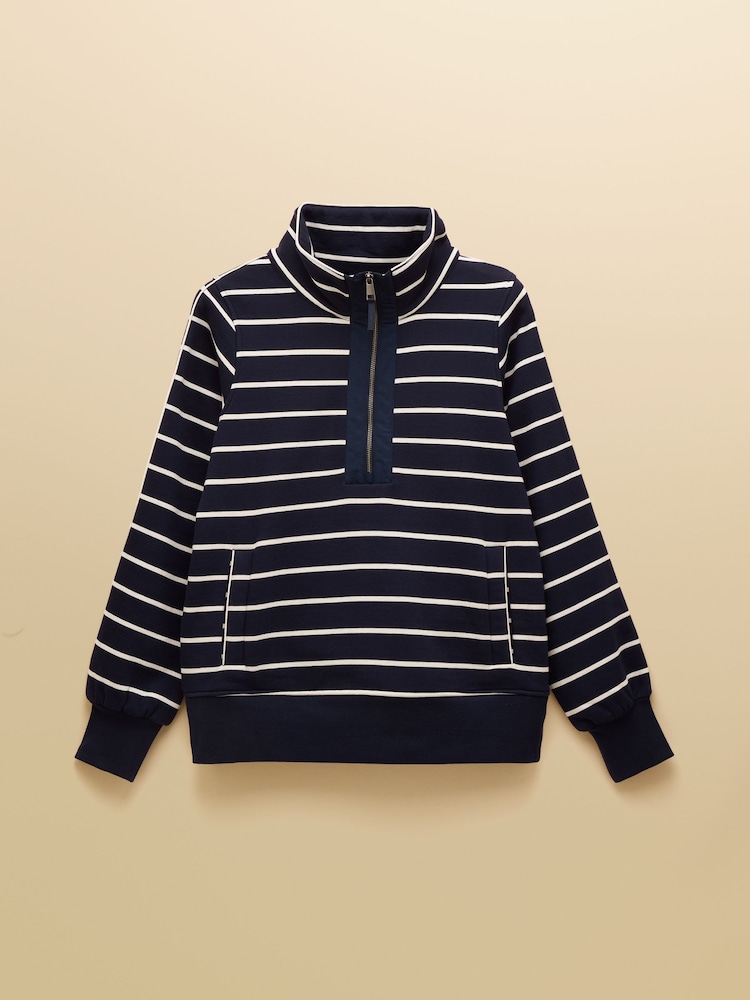 Joules Bronte Navy Stripe Funnel Neck Quarter Zip Cotton Sweatshirt - Image 12 of 12 Joules Bronte Navy Stripe Funnel Neck Quarter Zip Cotton Sweatshirt - Image 12 of 12