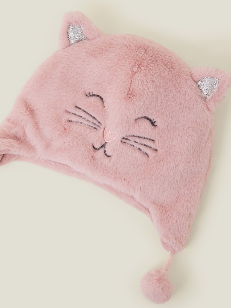 Angels By Accessorize Pink Girls Fluffy Faux Fur Cat Winter Chullo Hat - Image 4 of 4