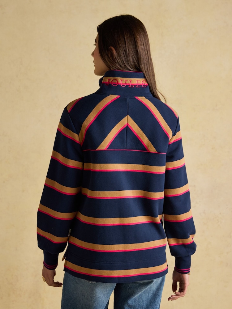 Burnham Navy/Tan Stripe Cotton Funnel Neck Quarter Zip Sweatshirt - Image 2 of 9