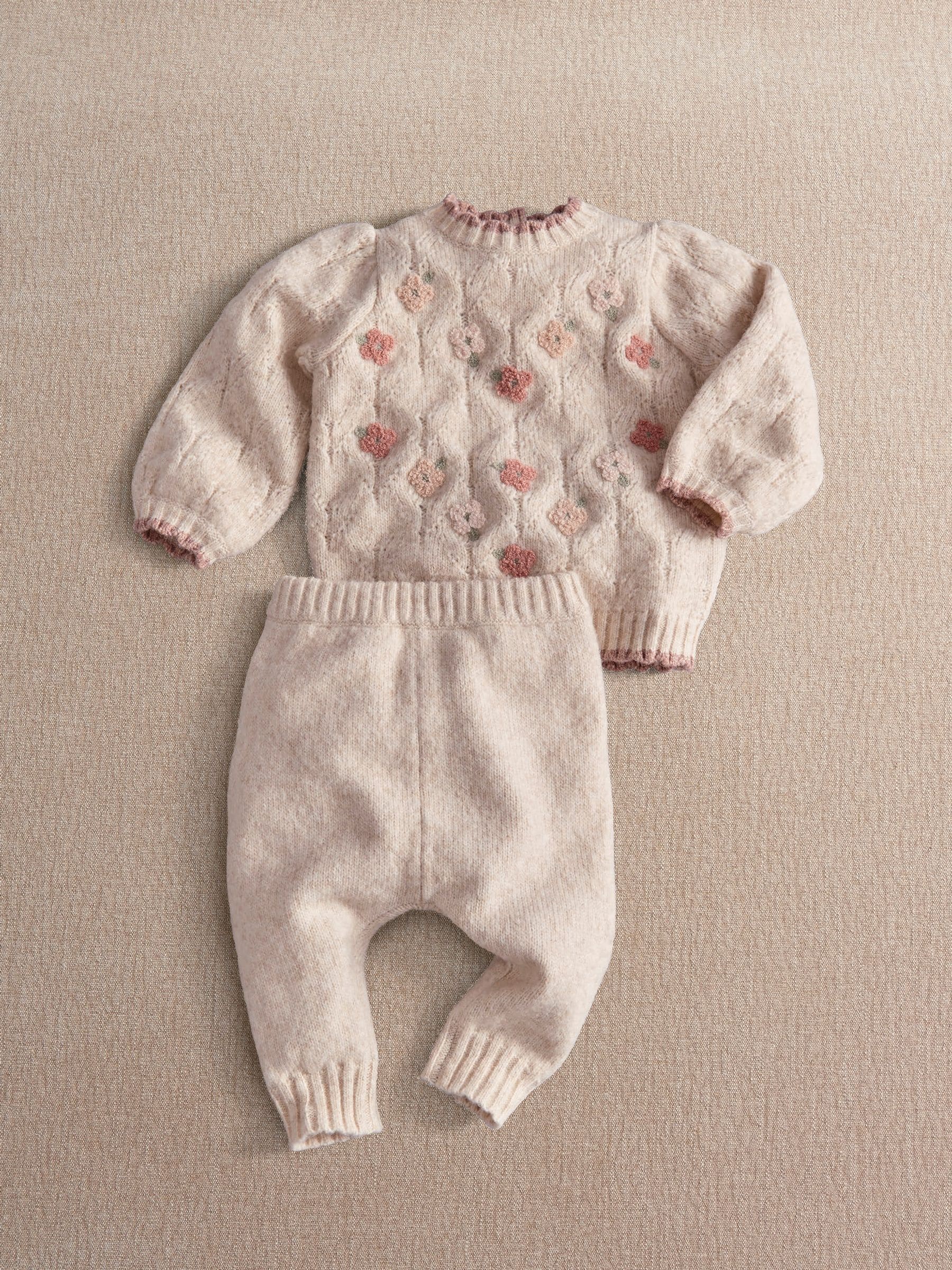 Mamas & Papas Floral Knit Jumper and Trousers Set in Beige for Babies Aged 9-12 Months - Image 3