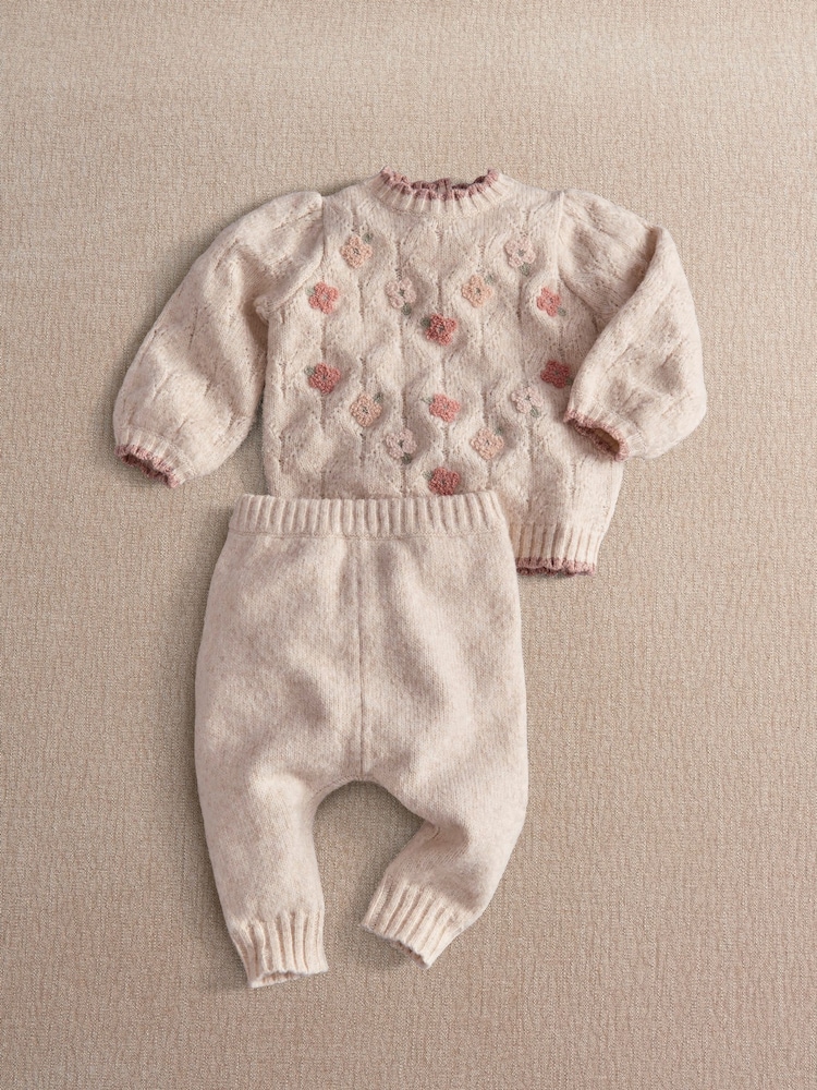 Mamas & Papas Cream Floral Knitted Jumper & Bottoms Set - Image 1 of 3