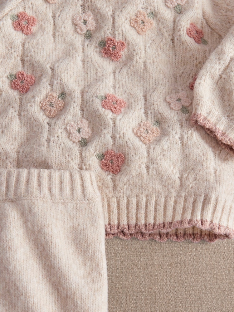 Mamas & Papas Cream Floral Knitted Jumper & Bottoms Set - Image 3 of 3
