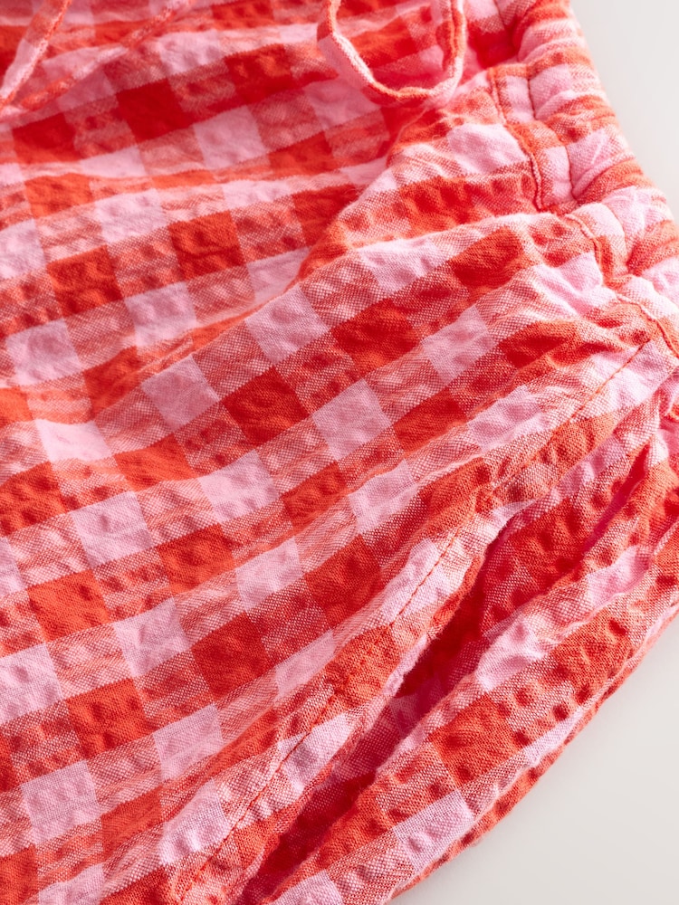 Rouge/Rose - Haut vichy 100% coton texturé à manches bouffantes noué sur le devant - Image 12 of 12