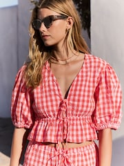 Rouge/Rose - Haut vichy 100% coton texturé à manches bouffantes noué sur le devant - Image 2 de 12