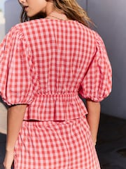 Rouge/Rose - Haut vichy 100% coton texturé à manches bouffantes noué sur le devant - Image 3 de 12
