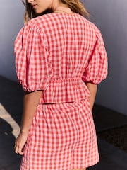 Rouge/Rose - Haut vichy 100% coton texturé à manches bouffantes noué sur le devant - Image 4 de 12