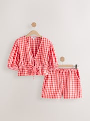 Rouge/Rose - Haut vichy 100% coton texturé à manches bouffantes noué sur le devant - Image 6 de 12