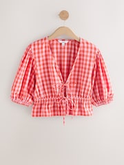 Rouge/Rose - Haut vichy 100% coton texturé à manches bouffantes noué sur le devant - Image 8 de 12