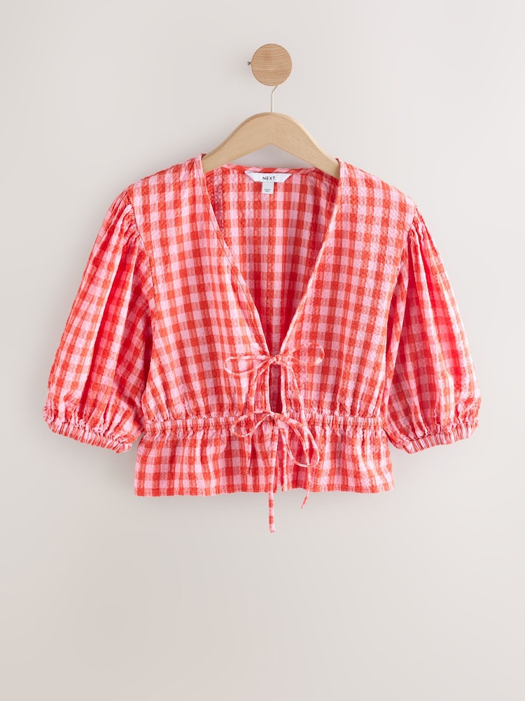 Rouge/Rose - Haut vichy 100% coton texturé à manches bouffantes noué sur le devant - Image 8 of 12