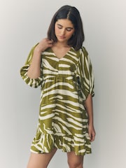Green/White Spot Volume Sleeve Tie Mini Dress - Image 1 of 6