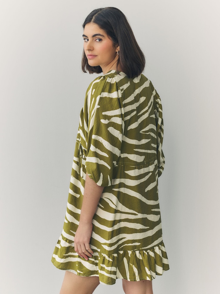 Green/White Spot Volume Sleeve Tie Mini Dress - Image 2 of 6