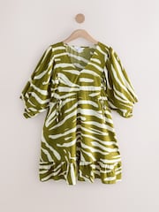Green/White Spot Volume Sleeve Tie Mini Dress - Image 4 of 6