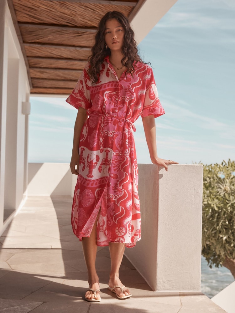 Pink Shell Print Short Sleeve Tie Waist Midi Dress with Linen - Image 1 of 8