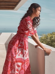 Pink Shell Print Short Sleeve Tie Waist Midi Dress with Linen - Image 2 of 8
