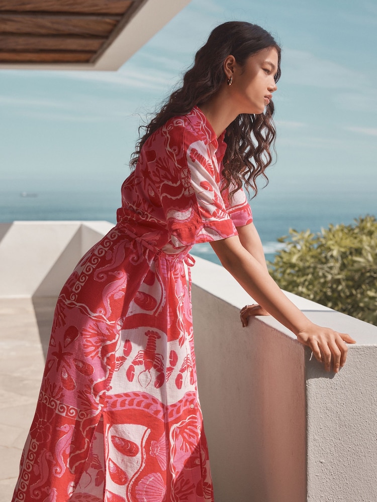 Pink Shell Print Short Sleeve Tie Waist Midi Dress with Linen - Image 2 of 8