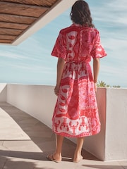 Pink Shell Print Short Sleeve Tie Waist Midi Dress with Linen - Image 3 of 8