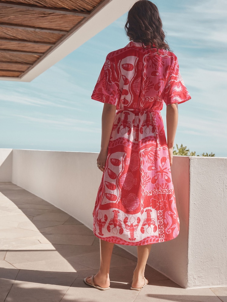 Pink Shell Print Short Sleeve Tie Waist Midi Dress with Linen - Image 3 of 8
