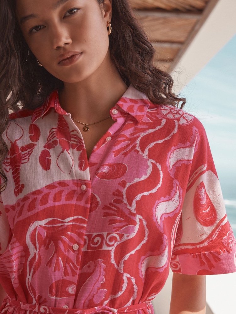 Pink Shell Print Short Sleeve Tie Waist Midi Dress with Linen - Image 4 of 8