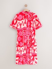 Pink Shell Print Short Sleeve Tie Waist Midi Dress with Linen - Image 6 of 8