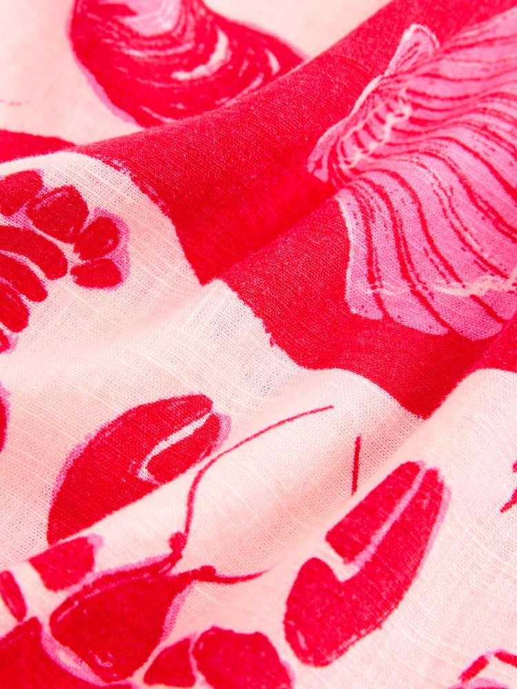 Pink Shell Print Short Sleeve Tie Waist Midi Dress with Linen - Image 7 of 8