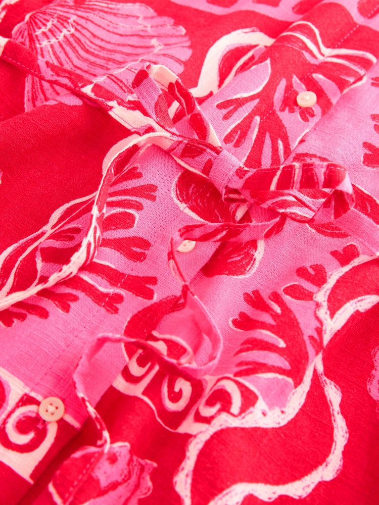 Pink Shell Print Short Sleeve Tie Waist Midi Dress with Linen - Image 8 of 8