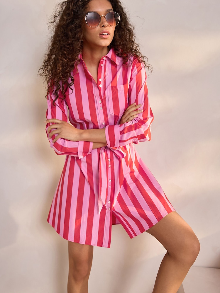 Red/Pink Stripe 100% Cotton Tie Waist Mini Shirt Dress - Image 1 of 7