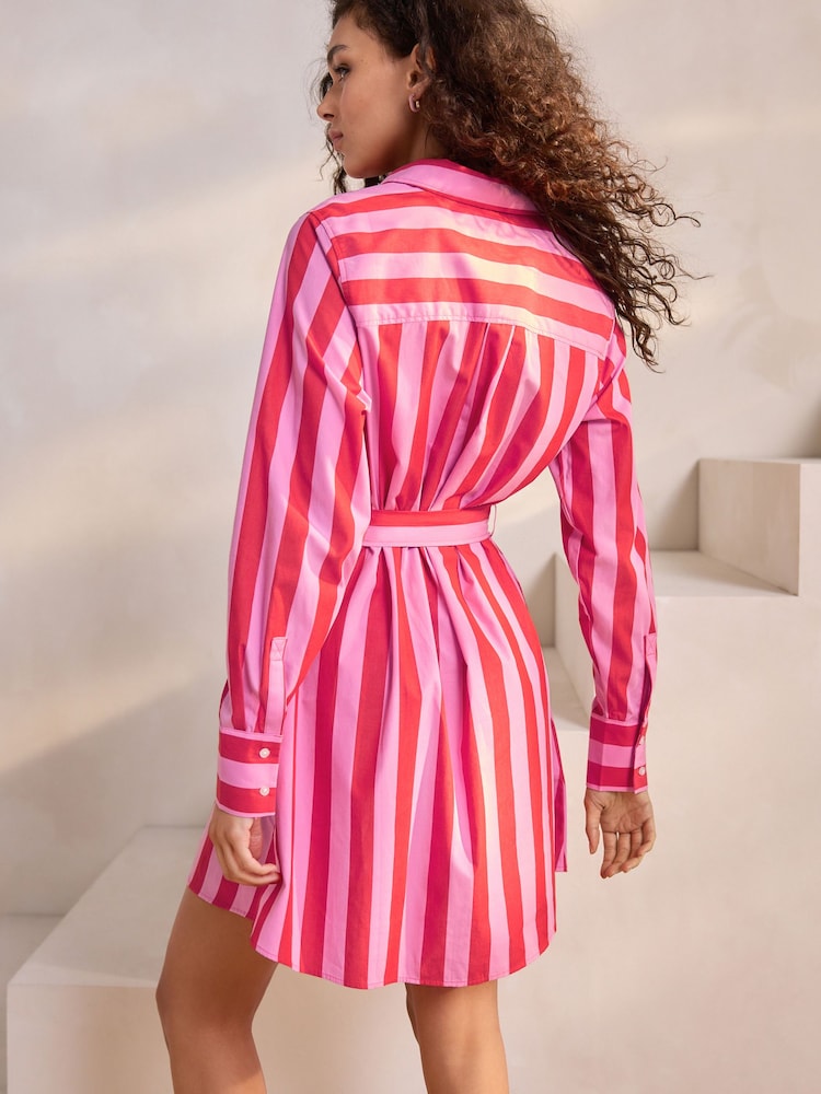 Red/Pink Stripe 100% Cotton Tie Waist Mini Shirt Dress - Image 2 of 7