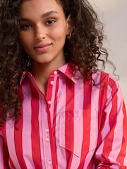 Red/Pink Stripe 100% Cotton Tie Waist Mini Shirt Dress - Image 3 of 7