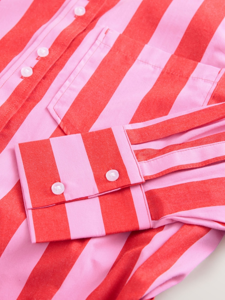 Red/Pink Stripe 100% Cotton Tie Waist Mini Shirt Dress - Image 7 of 7